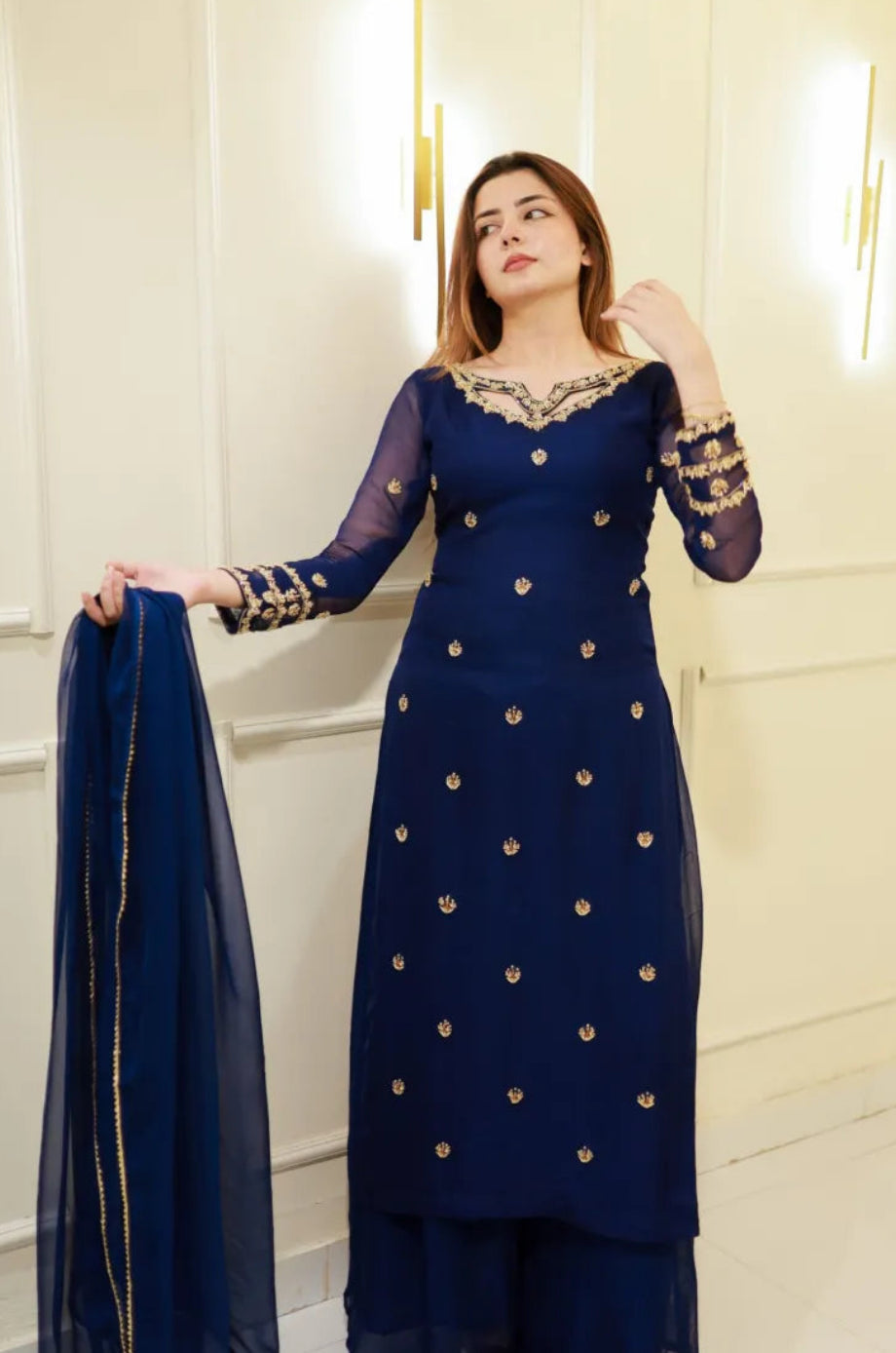 Midnight Royal Blue Embroidered Chiffon 3 Piece Suit