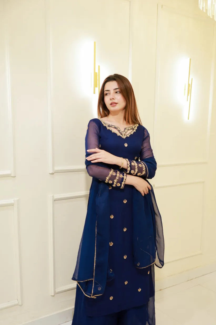 Midnight Royal Blue Embroidered Chiffon 3 Piece Suit