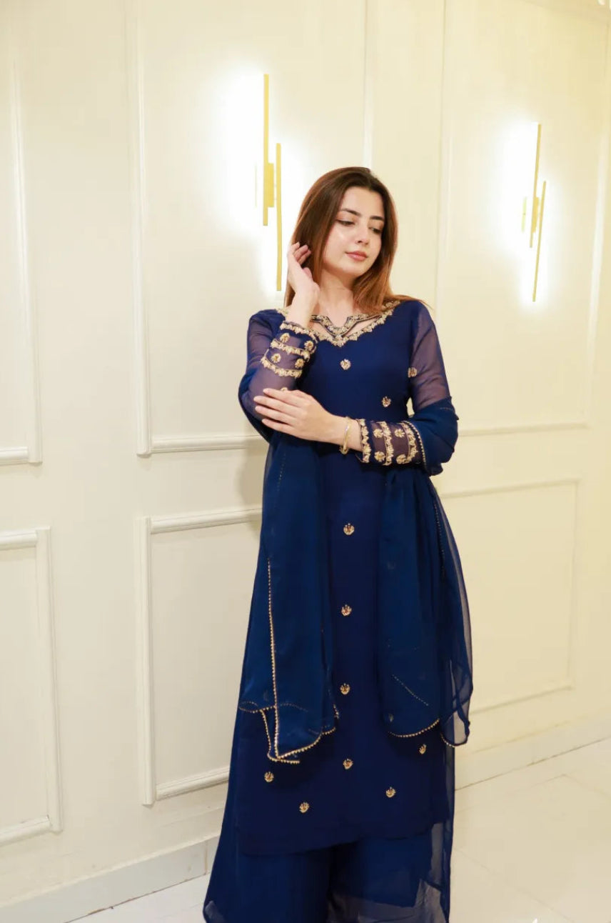 Midnight Royal Blue Embroidered Chiffon 3 Piece Suit