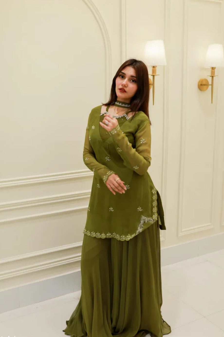 Olive Grace – Embellished Chiffon Gharara Set