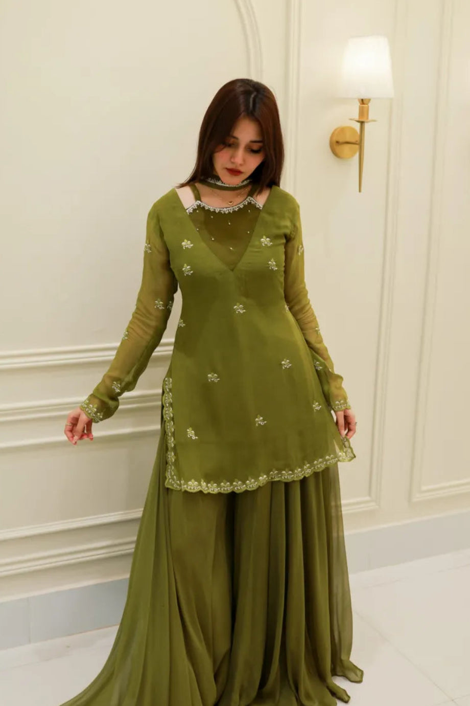 Olive Grace – Embellished Chiffon Gharara Set