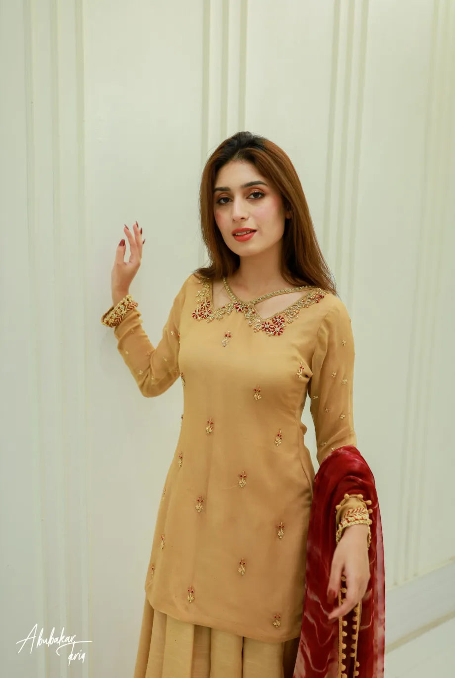 SOLID SKIN EMBELLISHED KURTA WITH SHARARA AND DUPATTA