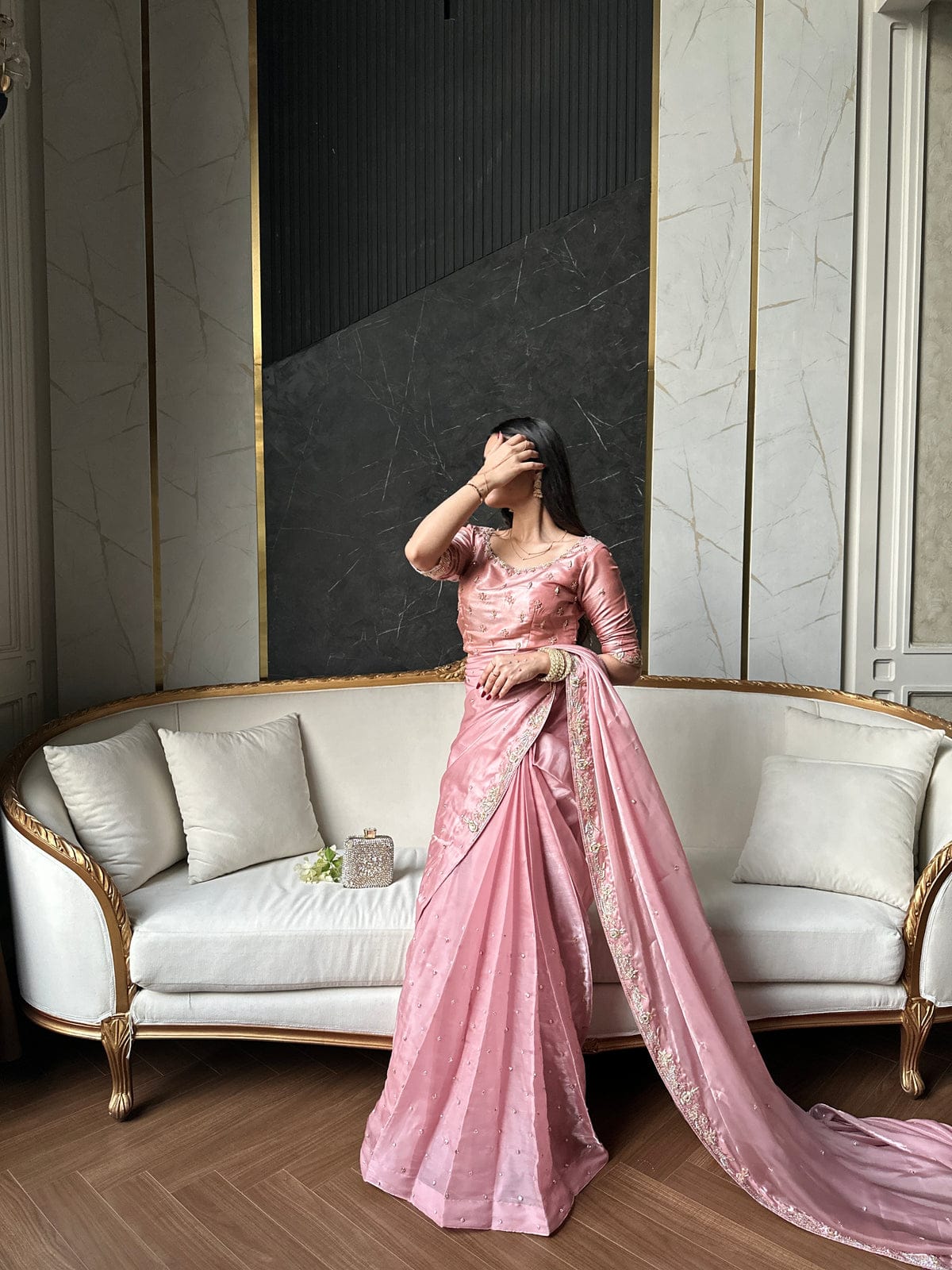 Blush Pink Hand Embellished Saree