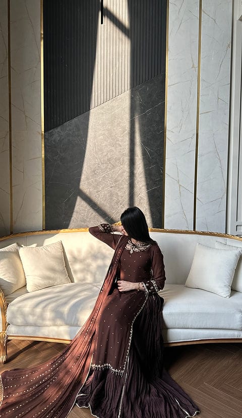 Chocolate Brown Embellished Sharara Set