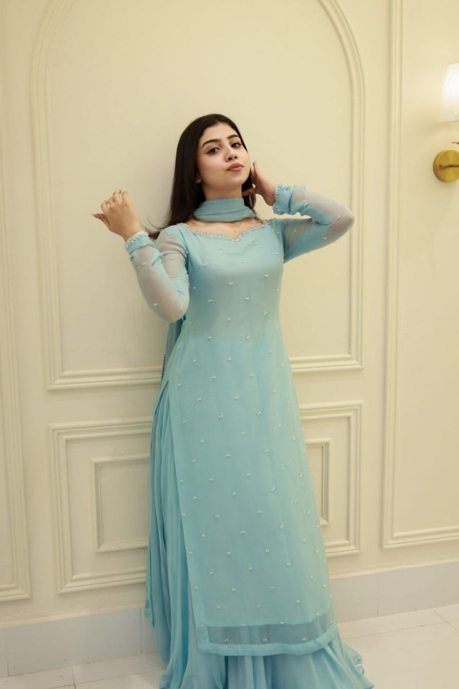 Sky Pearl Elegance – Embellished Chiffon Gharara Set