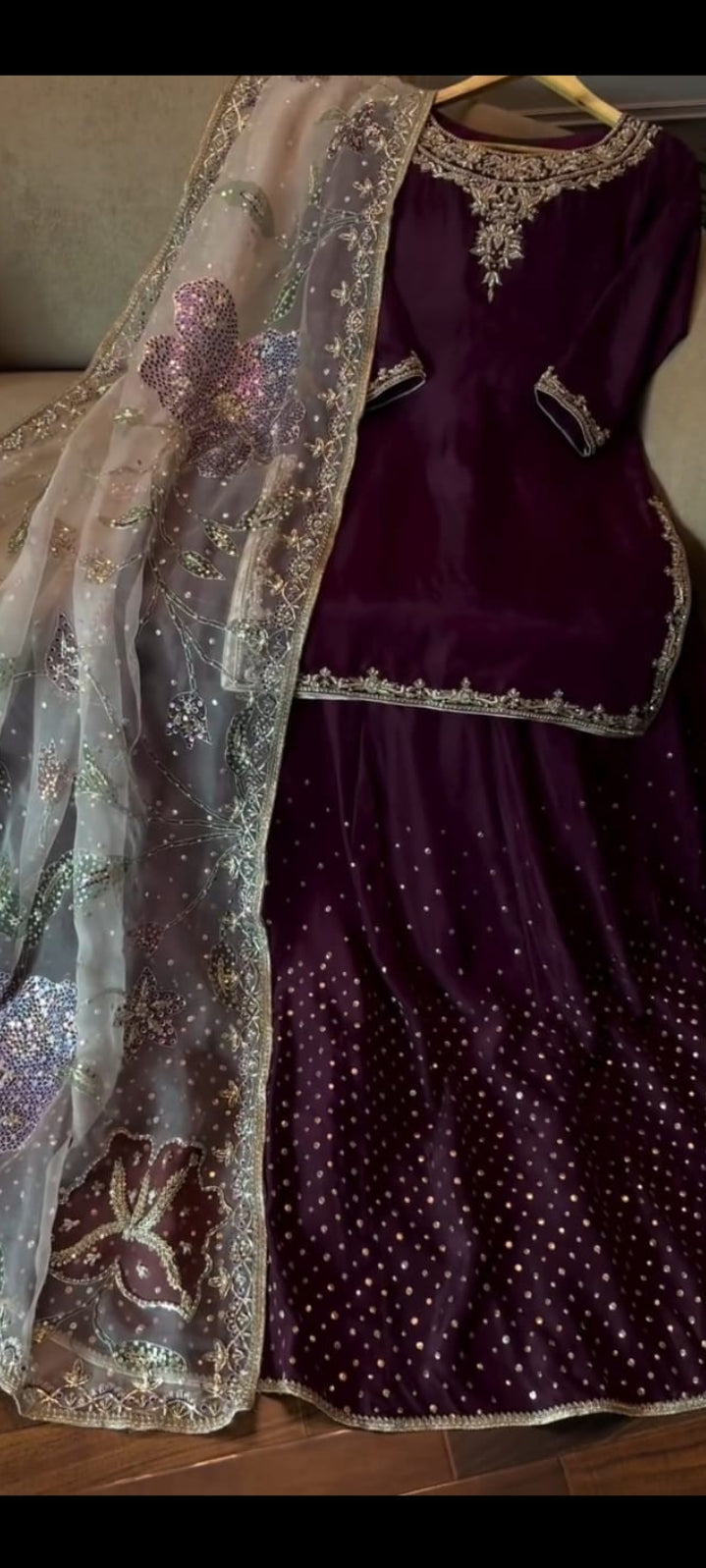 Luxury Plum Embroidered 3 Piece Formal Sharara Suit with Net Dupatta