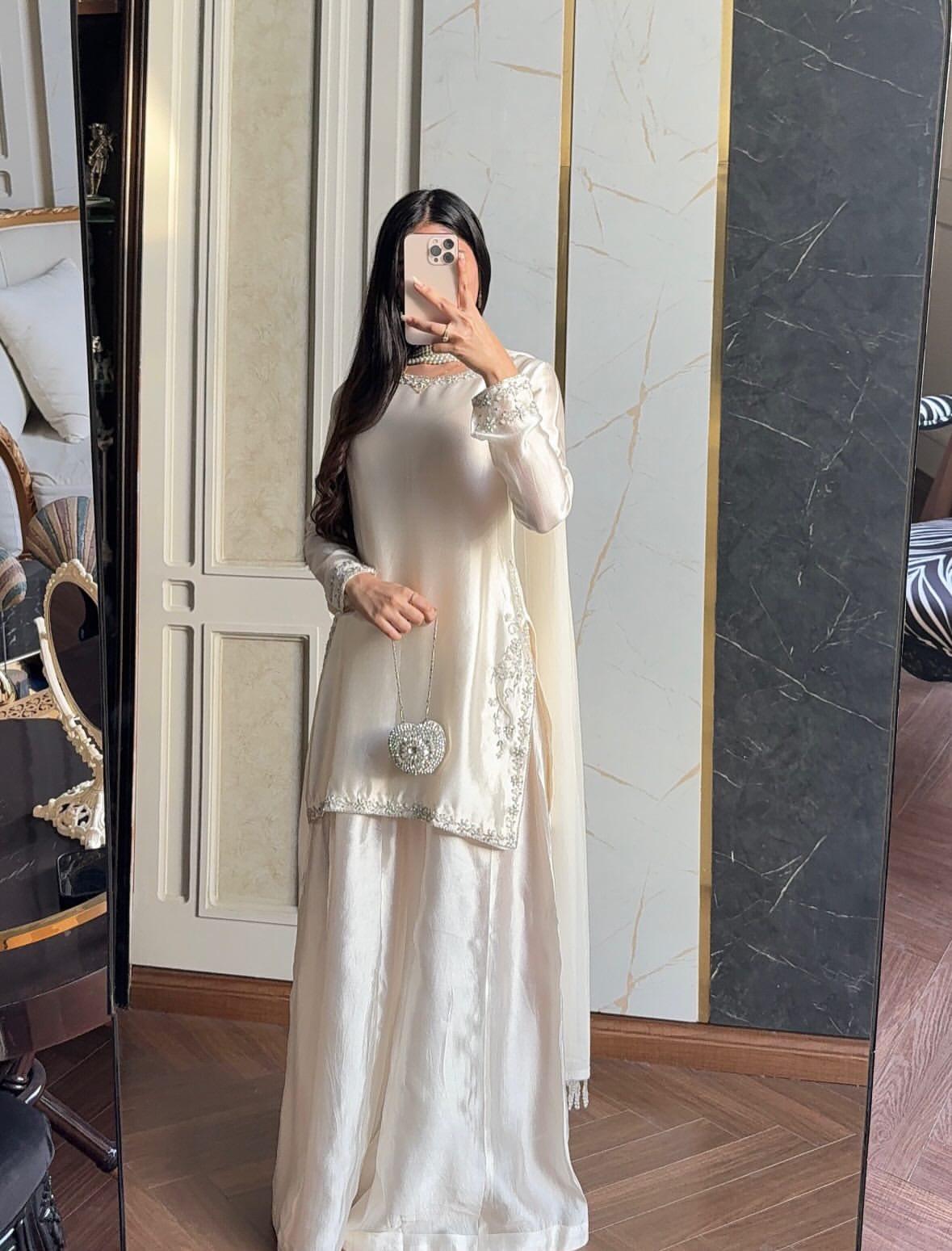 Pearl Ivory Silk Ensemble – Elegant Embroidered Long Shirt with Palazzo