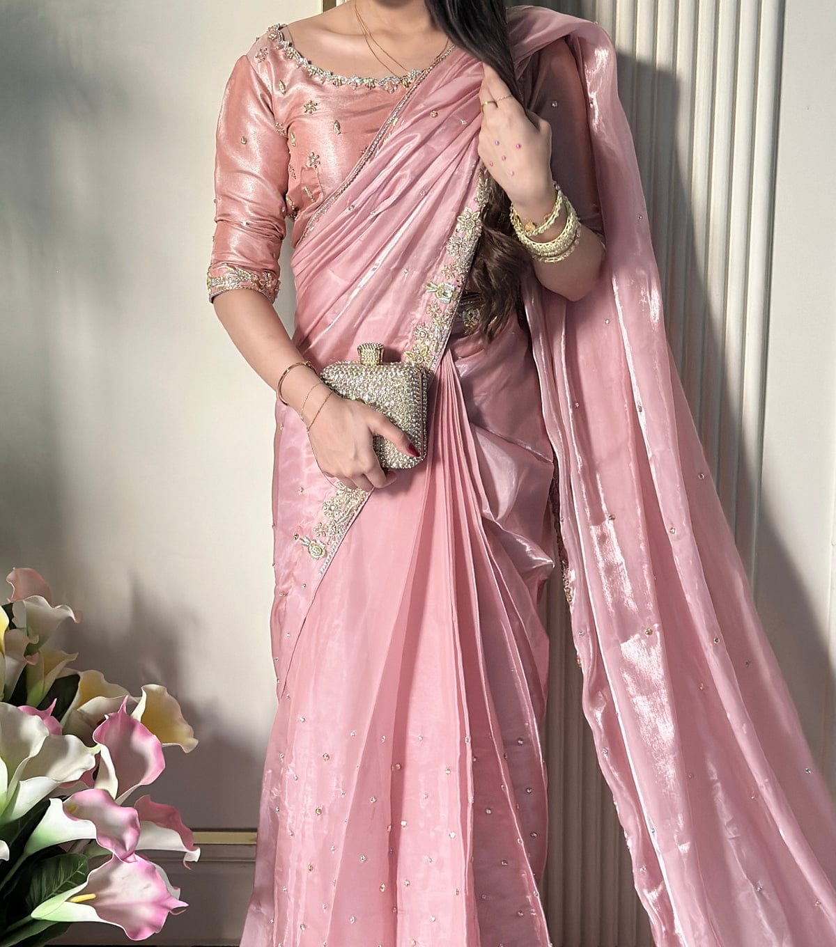 Blush Pink Hand Embellished Saree