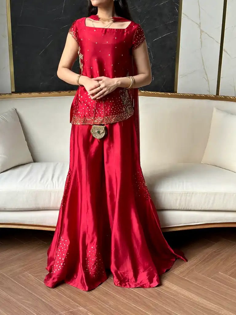 Crimson Bloom Embellished Sharara Set
