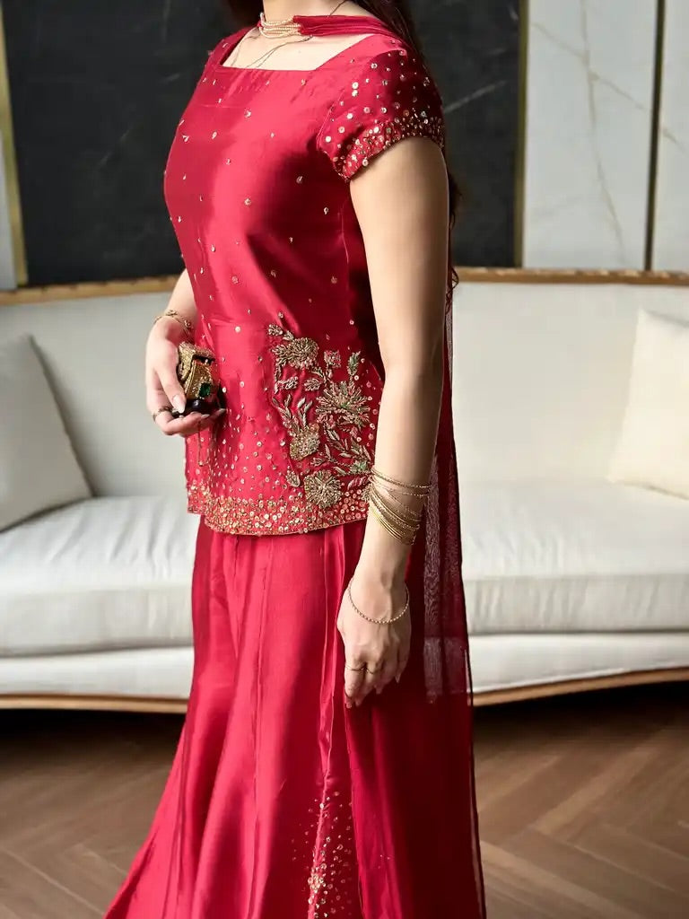 Crimson Bloom Embellished Sharara Set