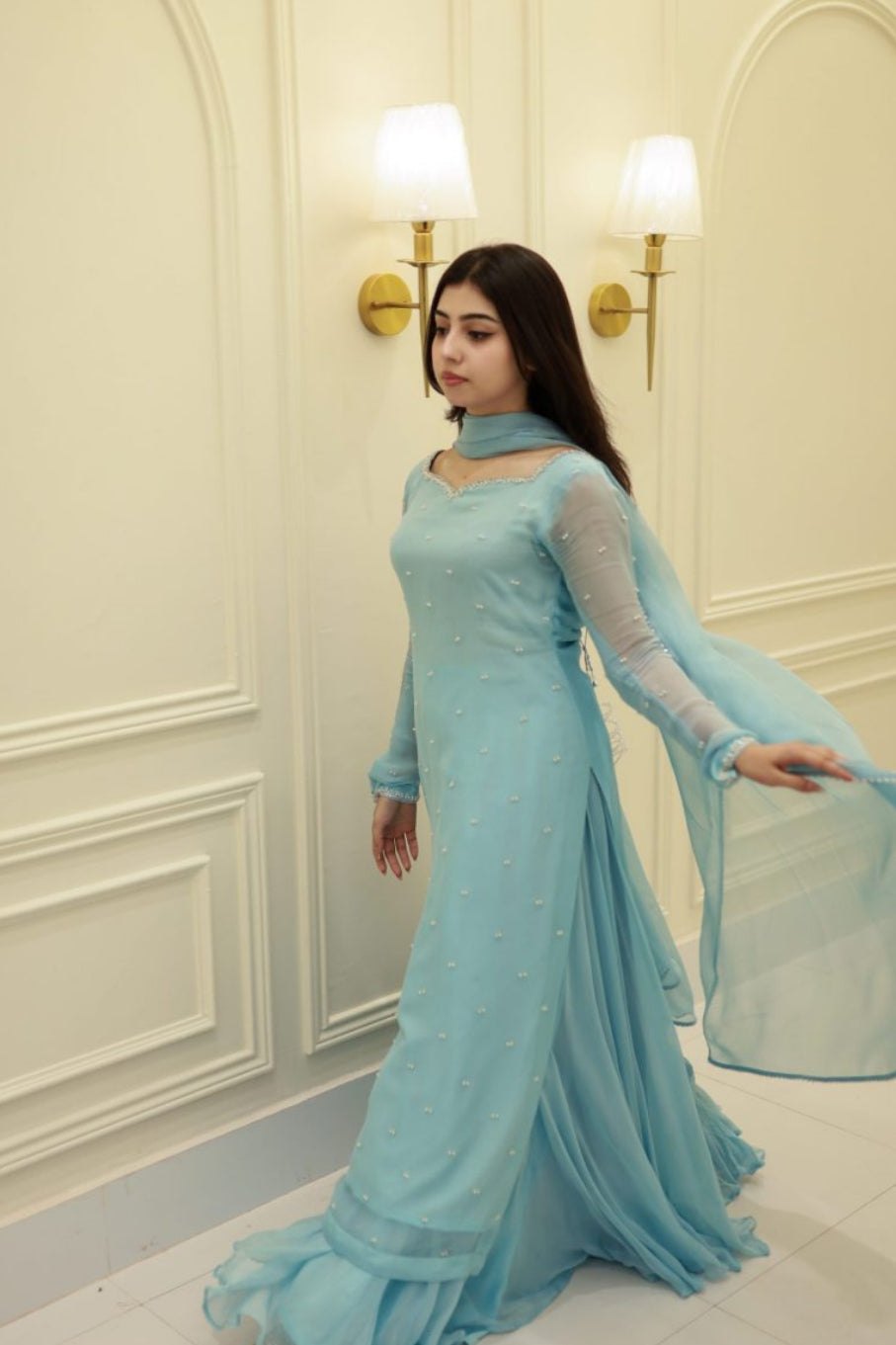 Sky Pearl Elegance – Embellished Chiffon Gharara Set