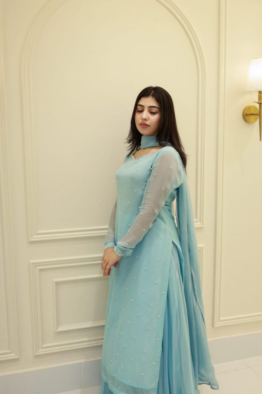 Sky Pearl Elegance – Embellished Chiffon Gharara Set
