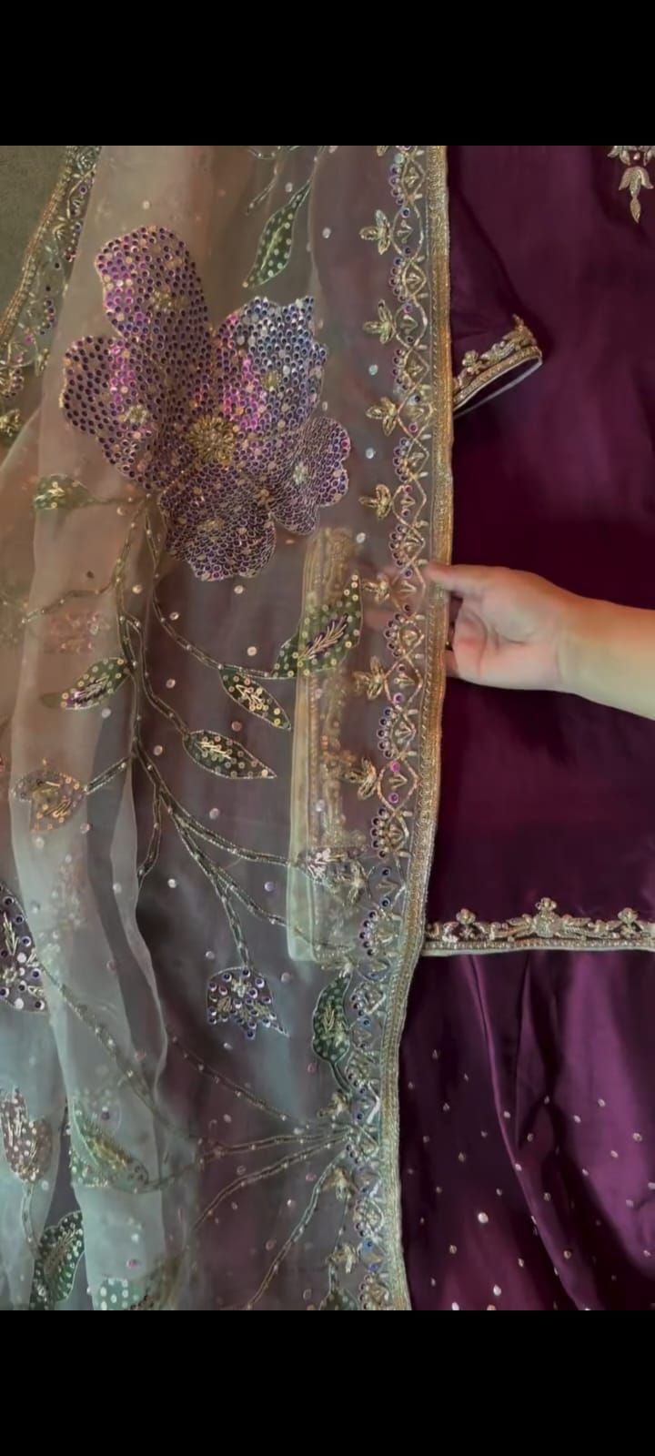 Luxury Plum Embroidered 3 Piece Formal Sharara Suit with Net Dupatta