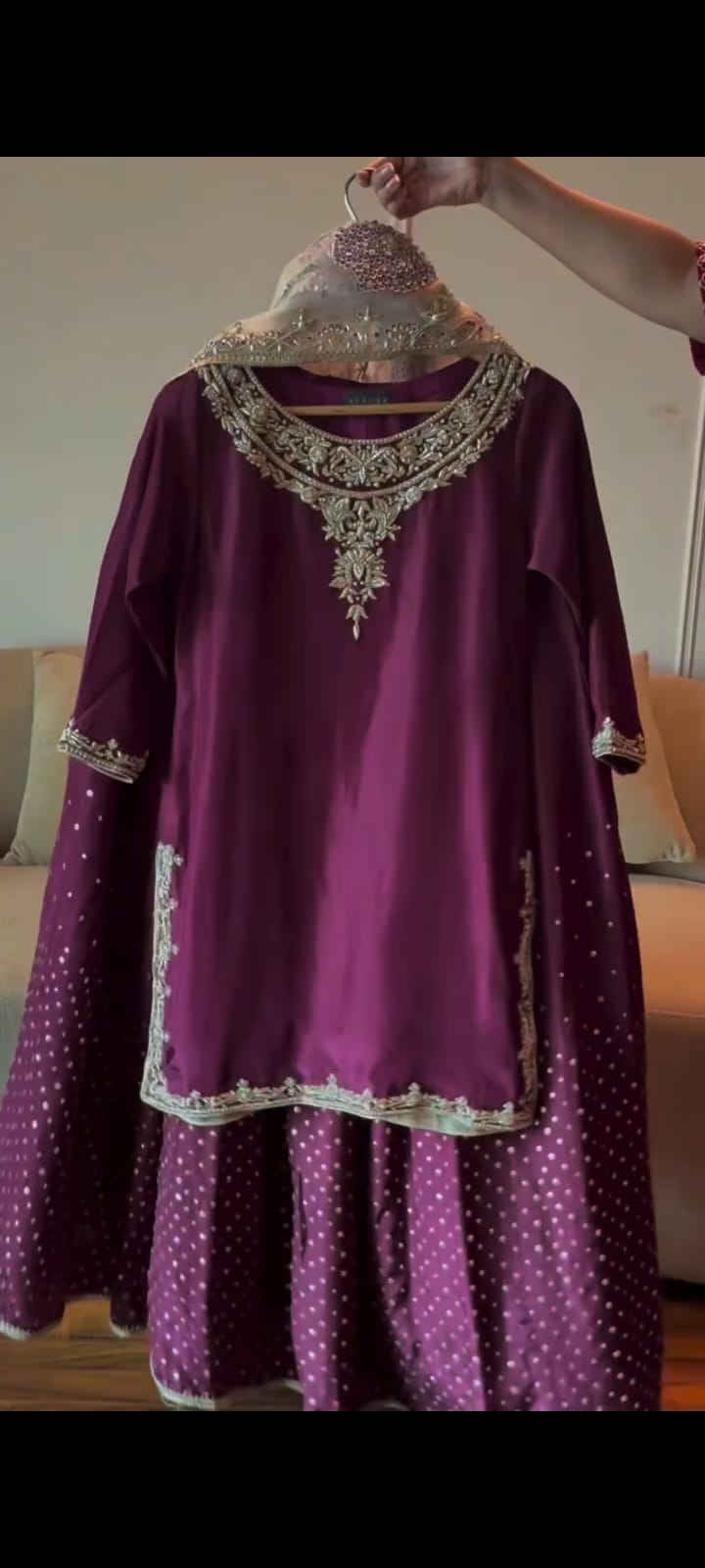 Luxury Plum Embroidered 3 Piece Formal Sharara Suit with Net Dupatta