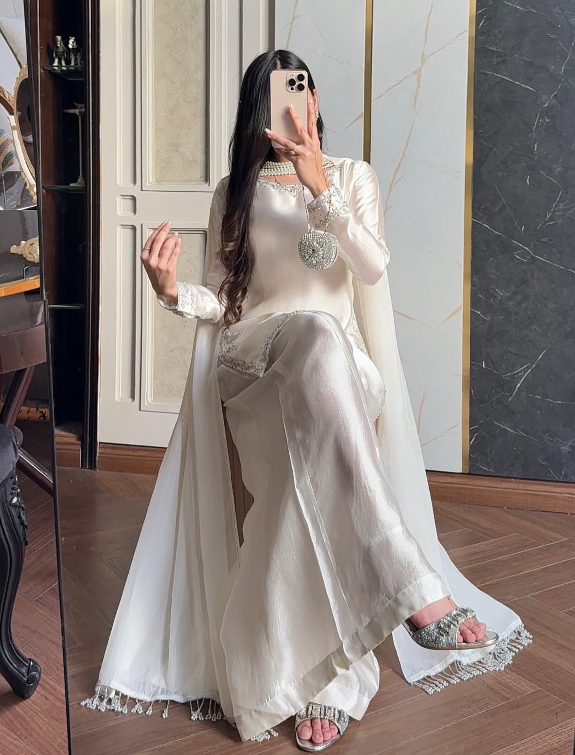 Pearl Ivory Silk Ensemble – Elegant Embroidered Long Shirt with Palazzo