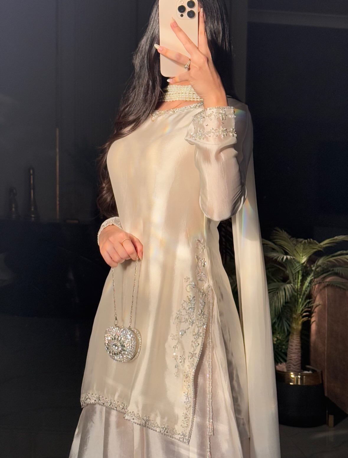 Pearl Ivory Silk Ensemble – Elegant Embroidered Long Shirt with Palazzo