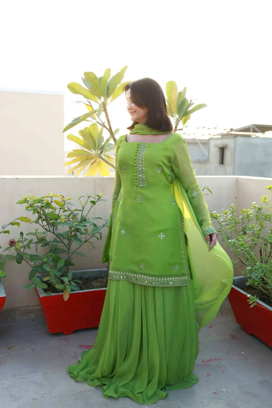 SOLID GREEN KURTA SHARARA SET WITH DUPATTA