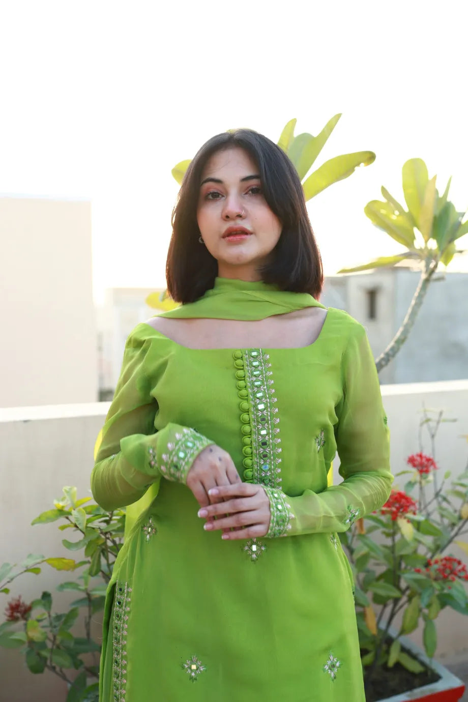 SOLID GREEN KURTA SHARARA SET WITH DUPATTA