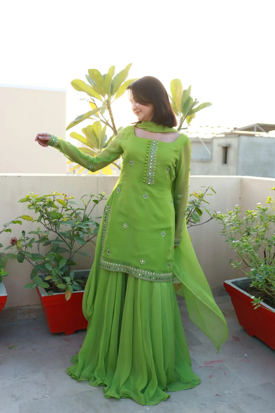 SOLID GREEN KURTA SHARARA SET WITH DUPATTA