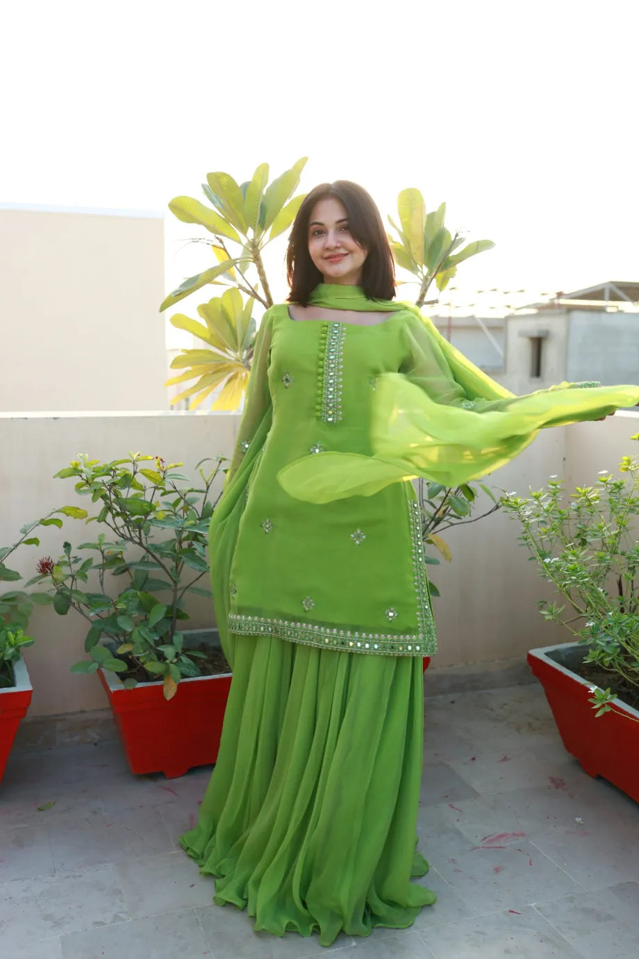 SOLID GREEN KURTA SHARARA SET WITH DUPATTA