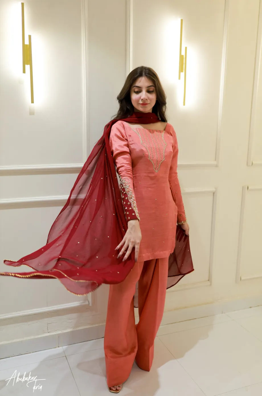 PEACH HAND EMBELLISHED KURTA WITH FARSHI SHALWAR AND DUPATTA