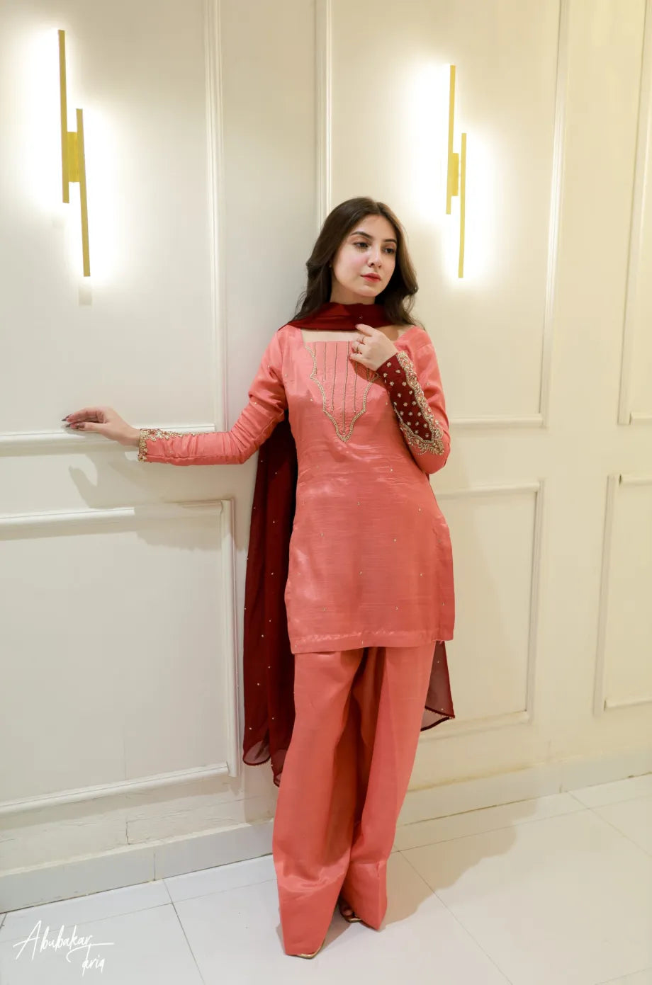 PEACH HAND EMBELLISHED KURTA WITH FARSHI SHALWAR AND DUPATTA