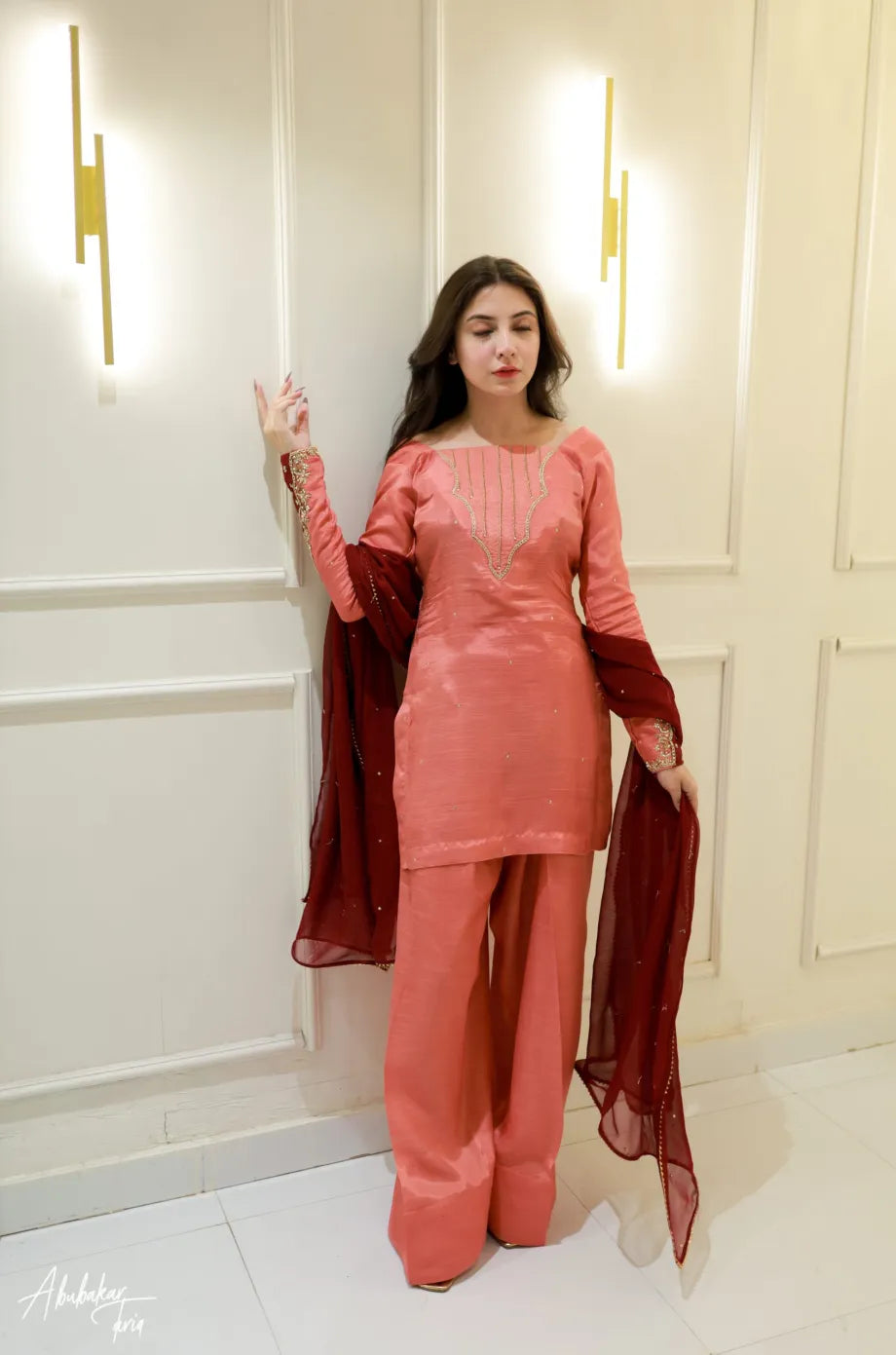PEACH HAND EMBELLISHED KURTA WITH FARSHI SHALWAR AND DUPATTA