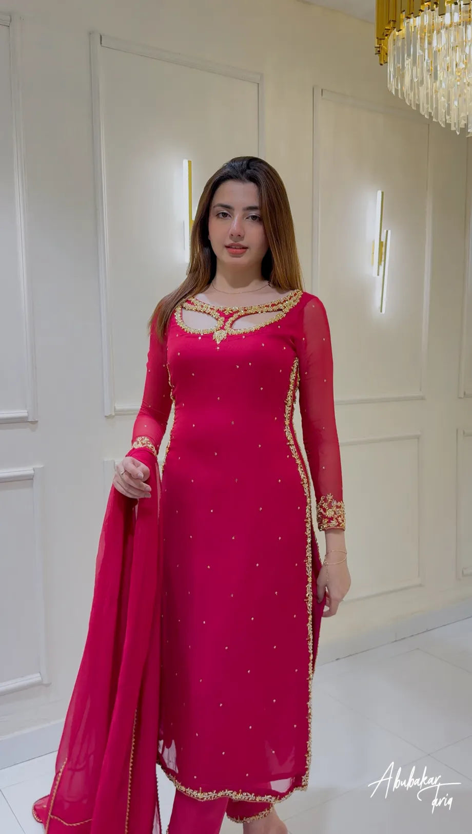 SOLID PINK LONG HAND EMBELLISHED KURTAWITH TROUSER AND DUPATTA
