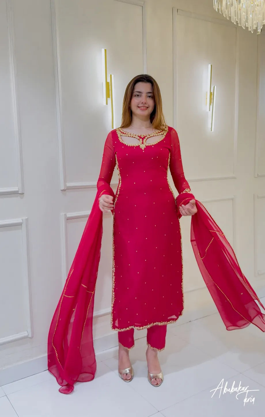 SOLID PINK LONG HAND EMBELLISHED KURTAWITH TROUSER AND DUPATTA