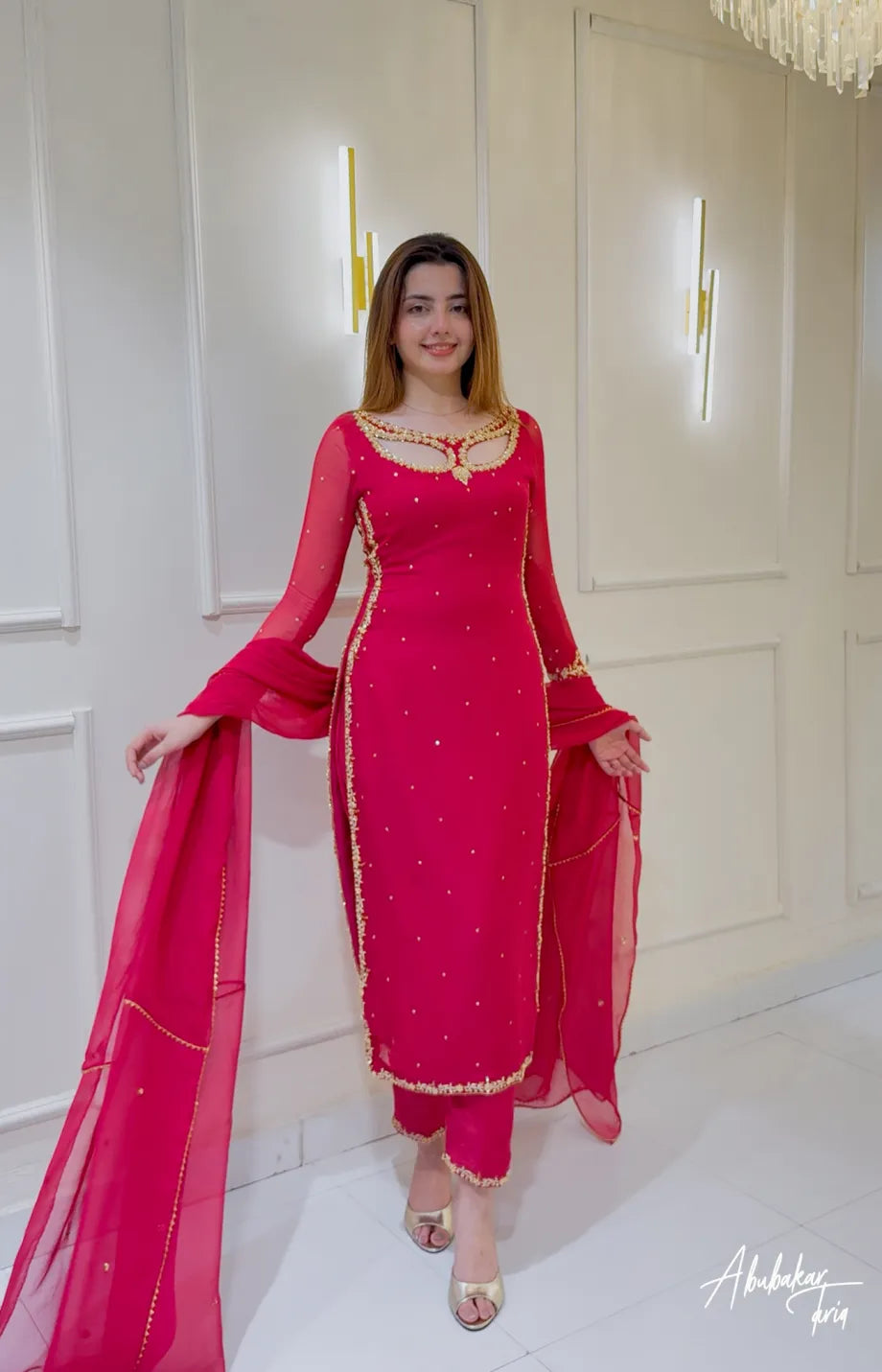 SOLID PINK LONG HAND EMBELLISHED KURTAWITH TROUSER AND DUPATTA