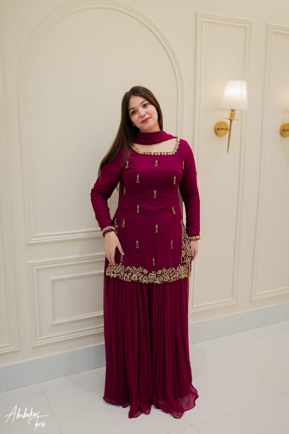 Maroon Embroidered Chiffon Maxi