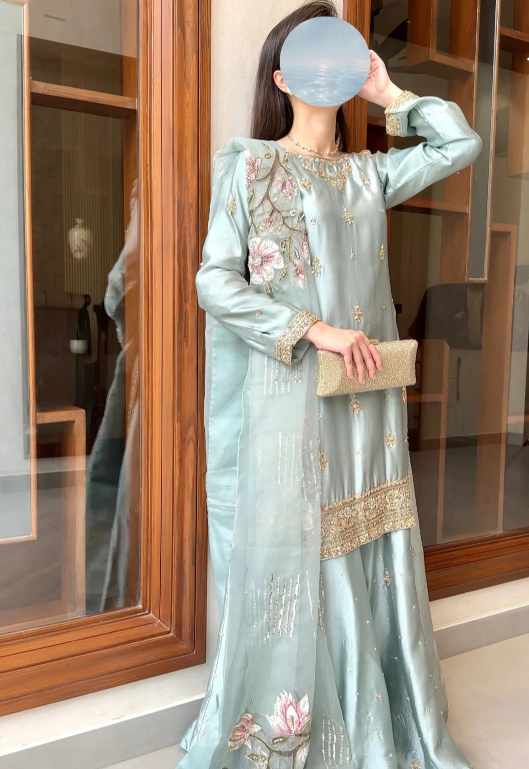 Mint Mist Floral Embroidered Luxury Silk Suit with Organza Dupatta
