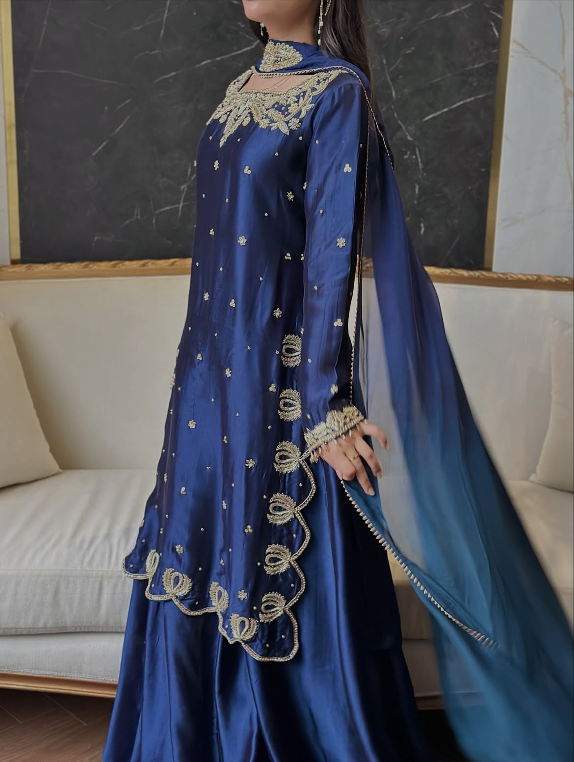 Midnight Blue Embroidered Luxury Maxi Dress with Chiffon Dupatta
