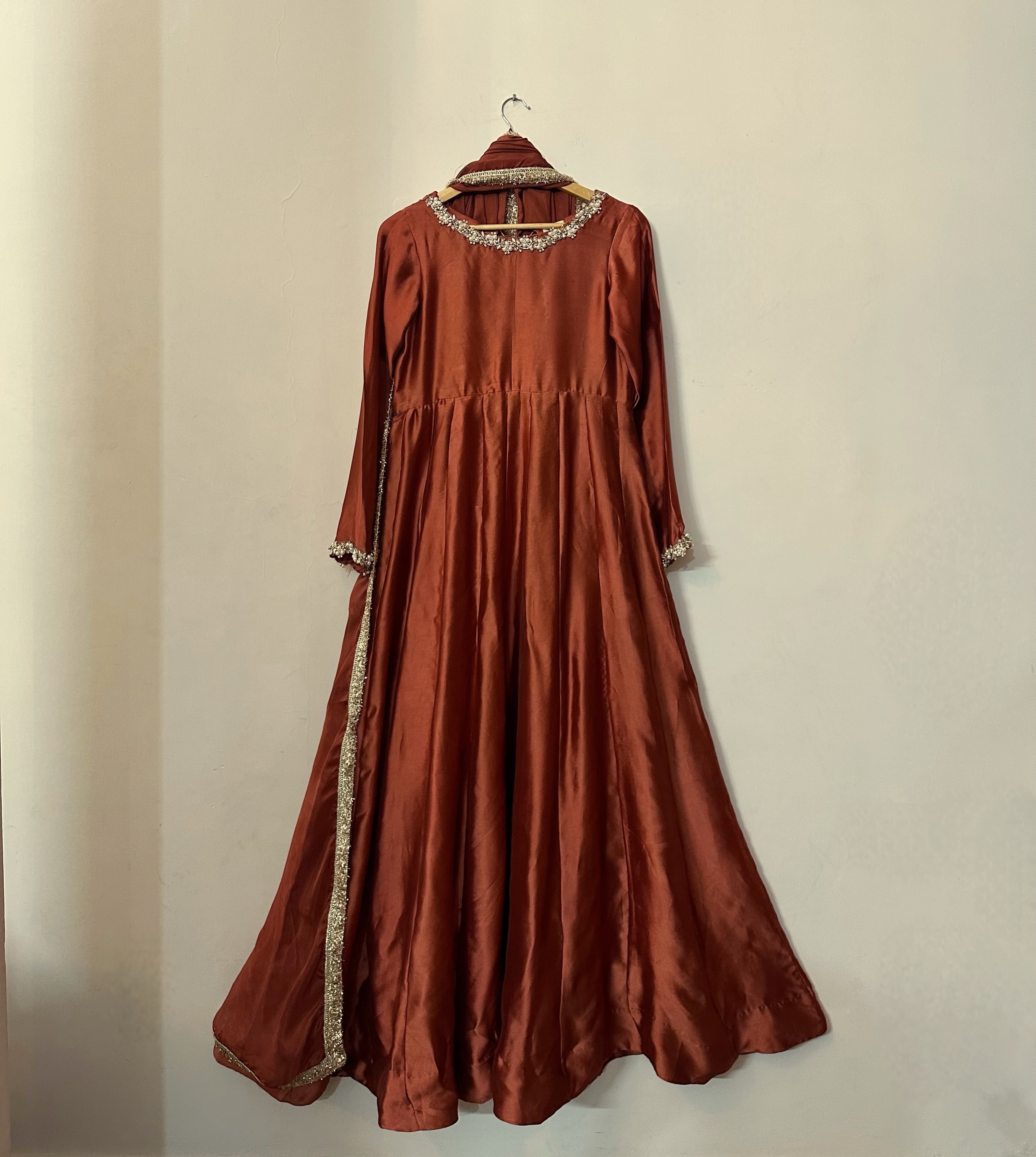 Rust Elegance Embellished Maxi Dress with Matching Dupatta