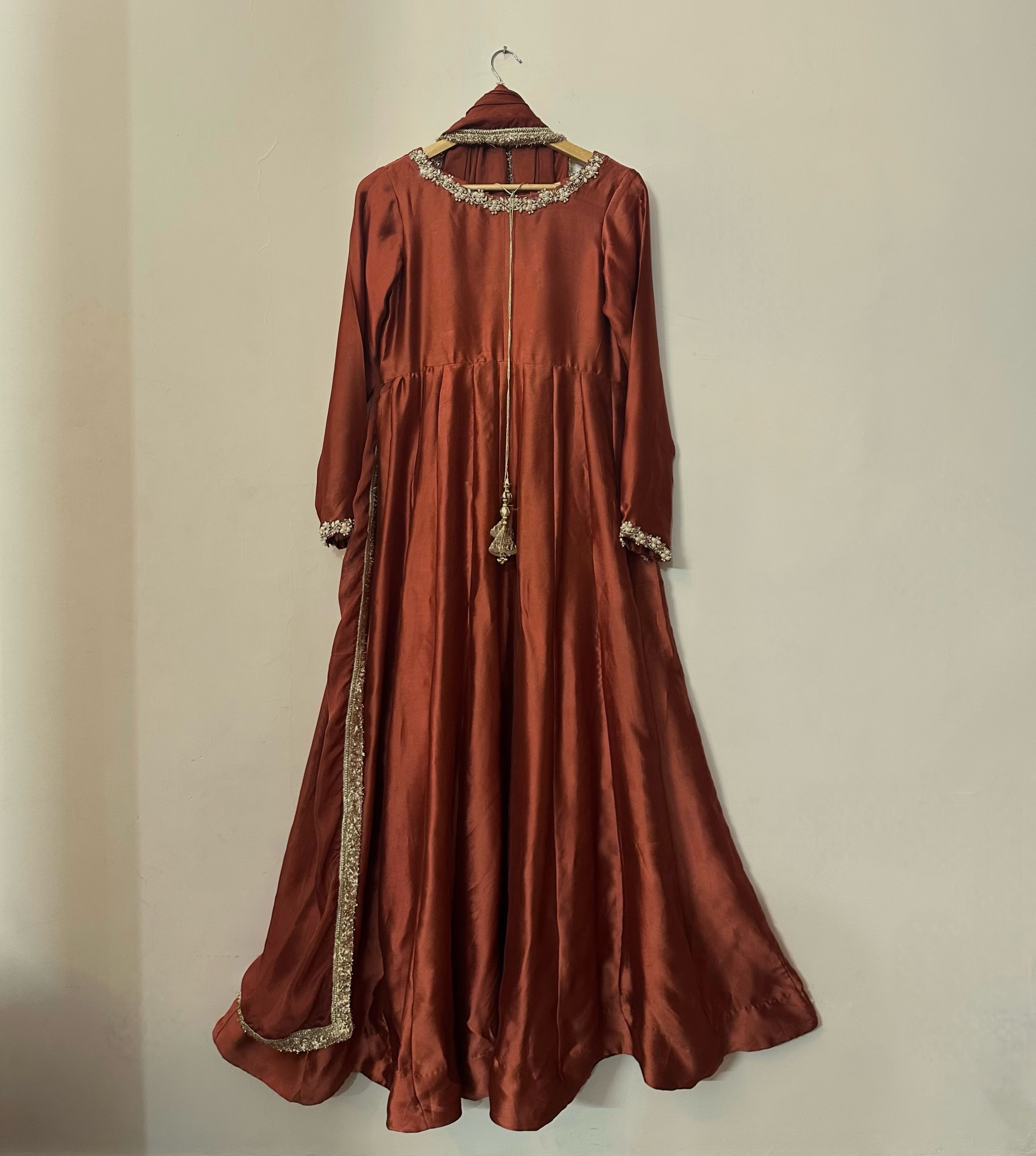 Rust Elegance Embellished Maxi Dress with Matching Dupatta