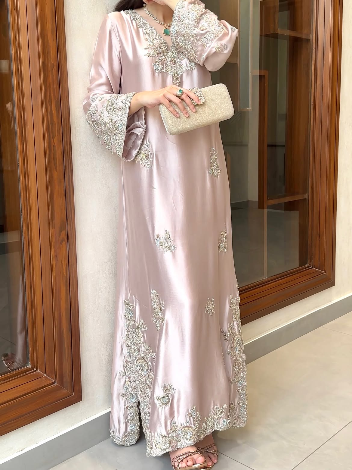 Elegant Pastel Pink Embroidered Maxi
