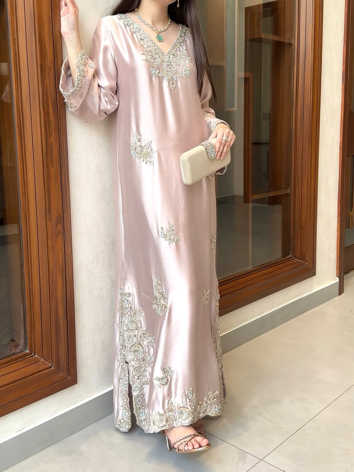 Elegant Pastel Pink Embroidered Maxi