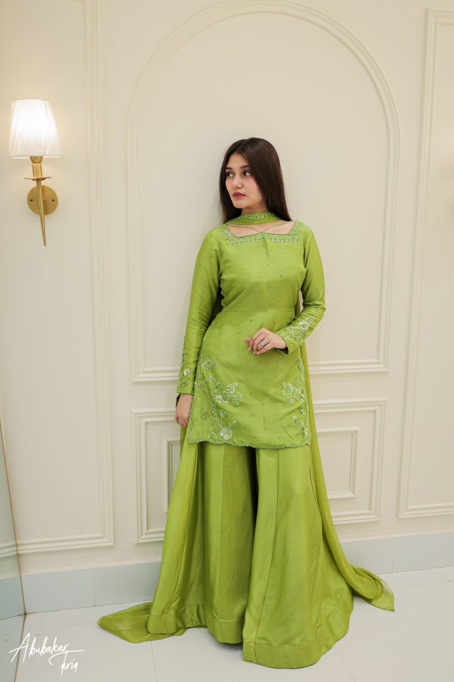 Lime Green Embroidered Pishwas