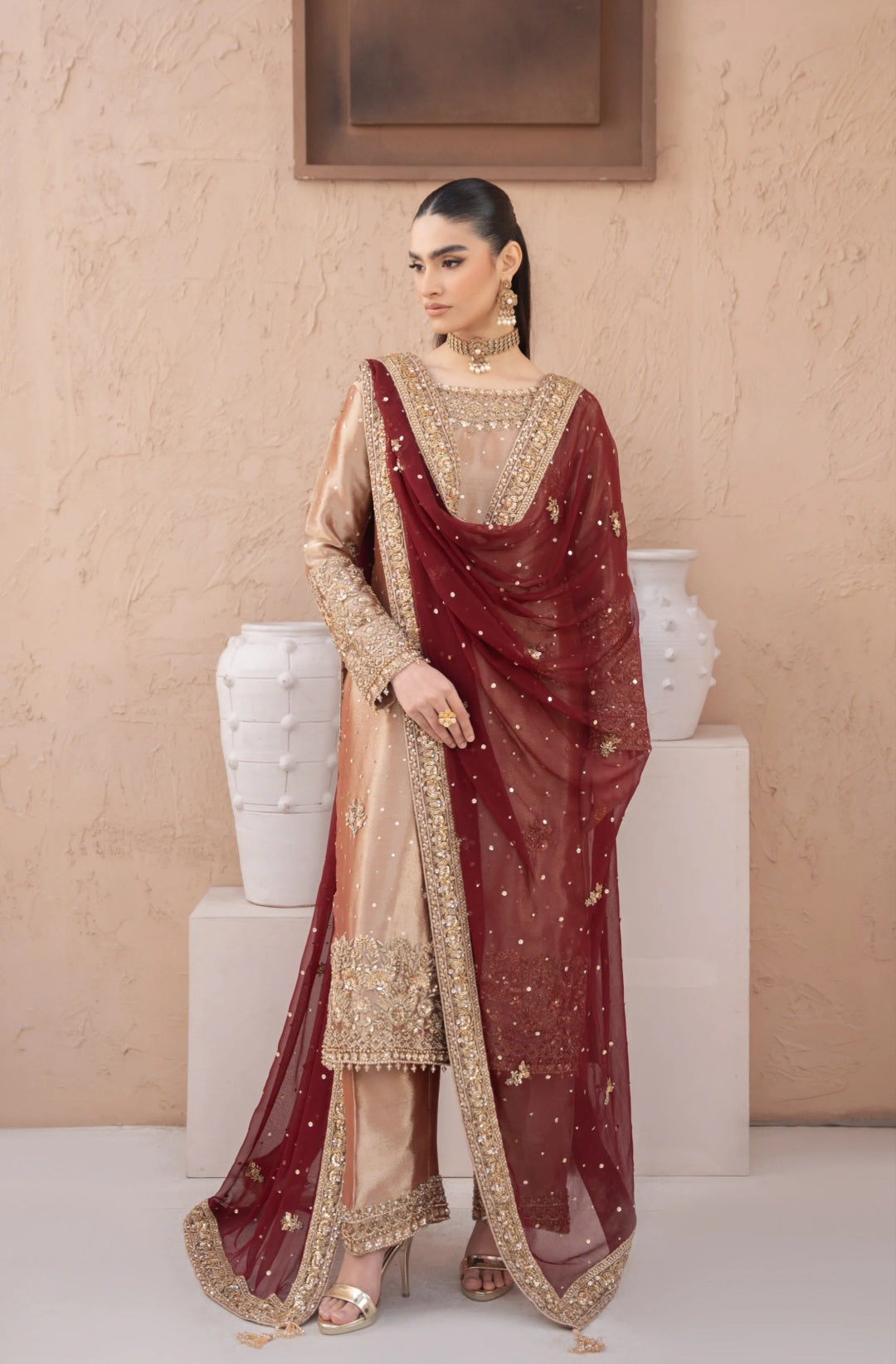 Maroon & Champagne Embroidered Formal Suit ✨