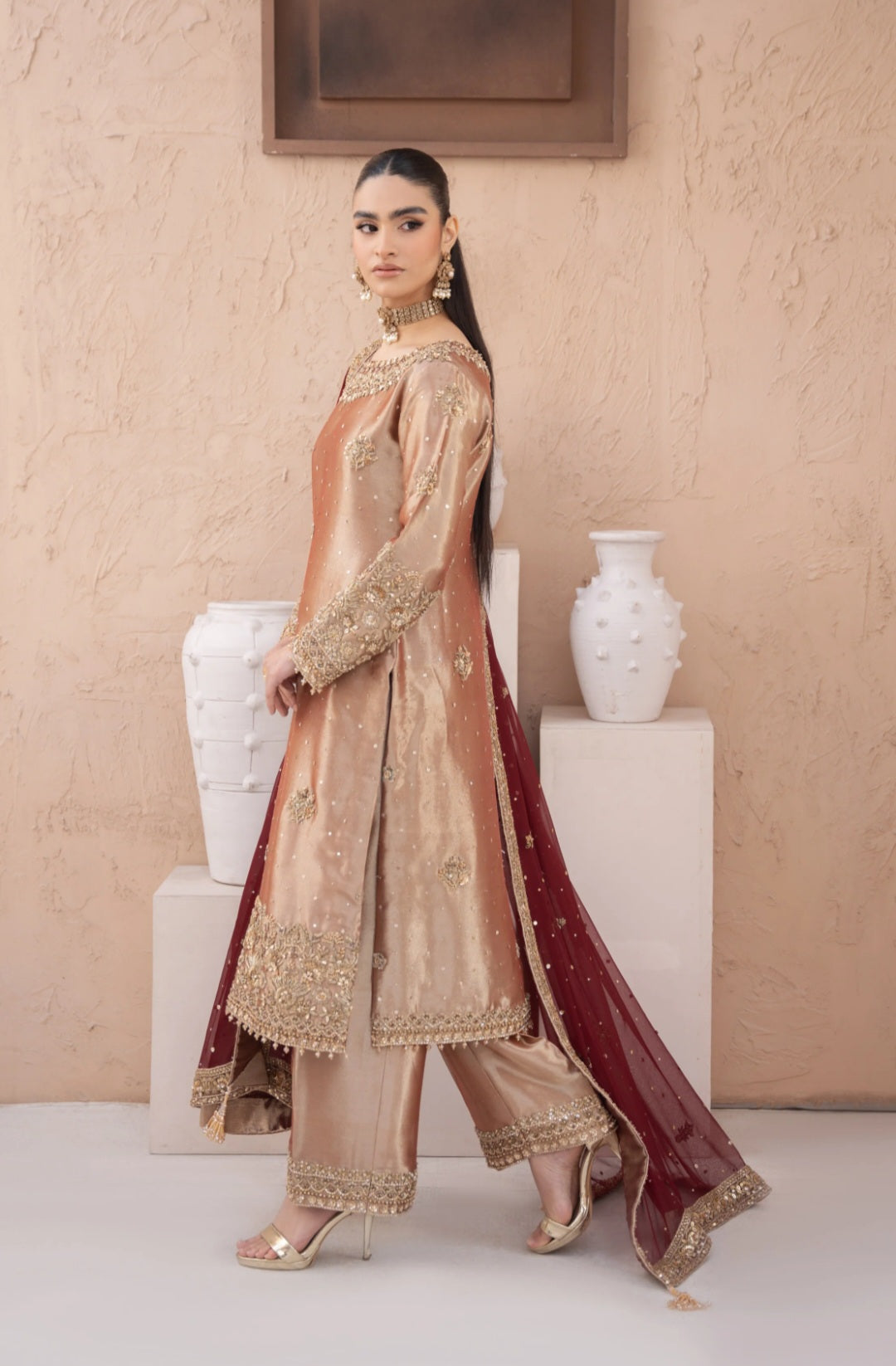 Maroon & Champagne Embroidered Formal Suit ✨