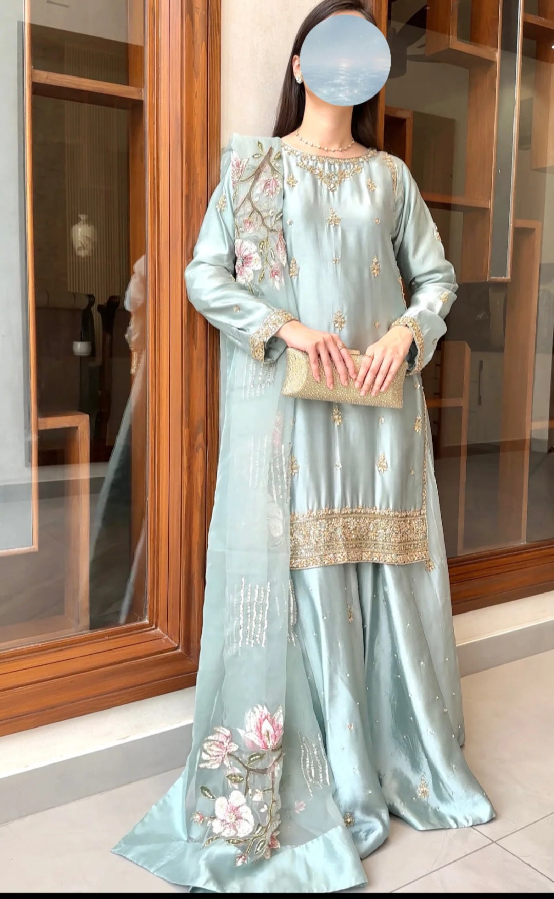 Mint Mist Floral Embroidered Luxury Silk Suit with Organza Dupatta
