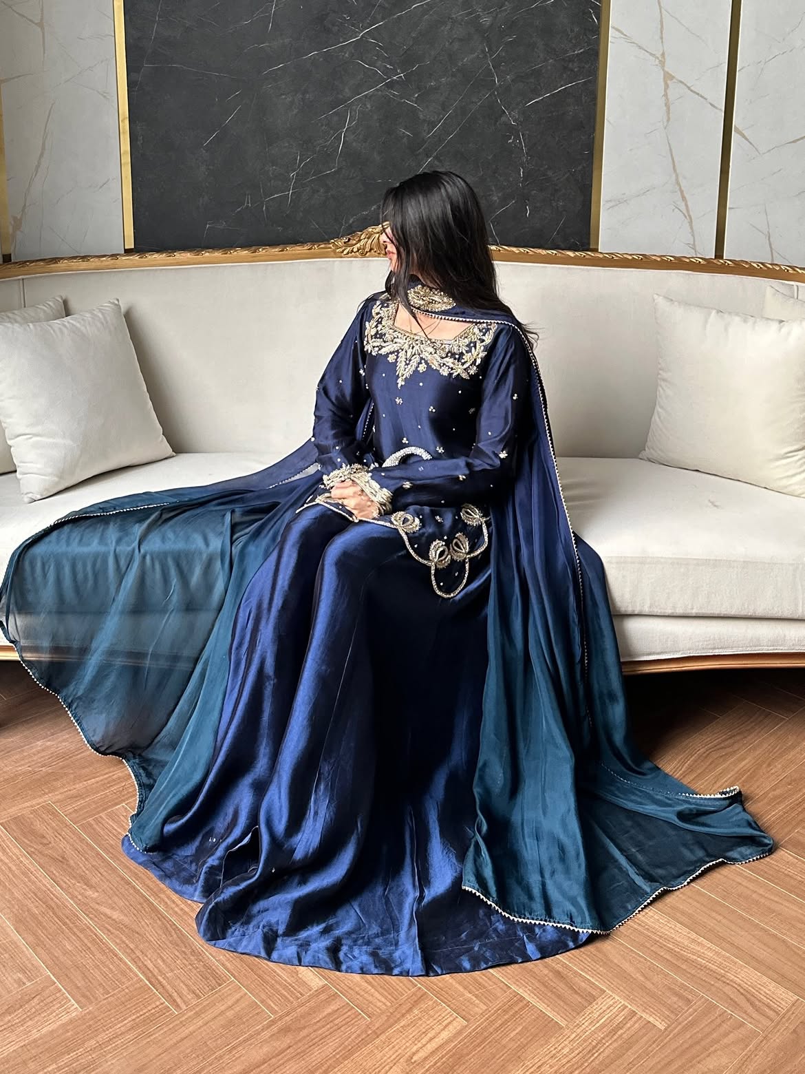 Midnight Blue Embroidered Luxury Maxi Dress with Chiffon Dupatta