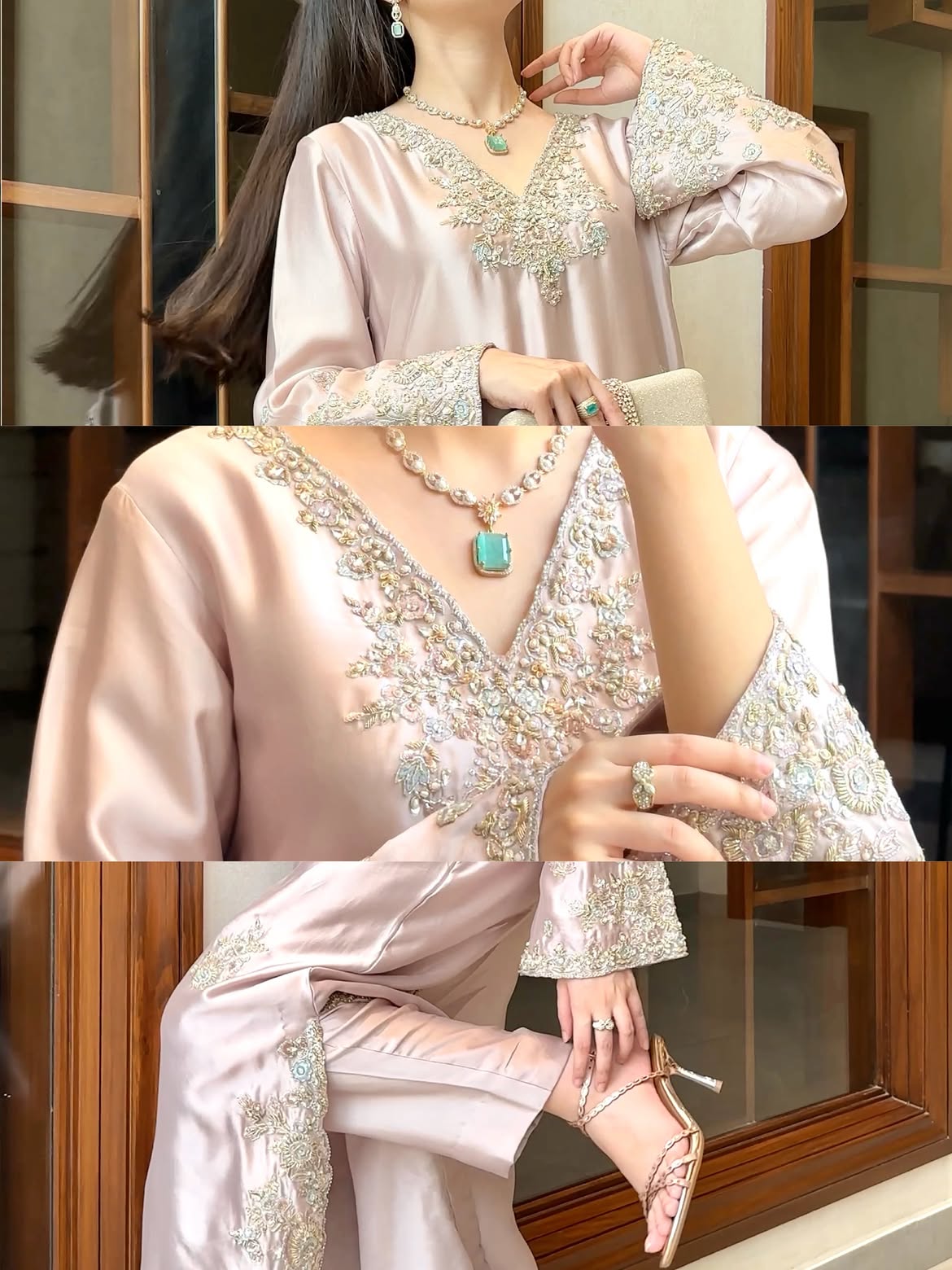 Elegant Pastel Pink Embroidered Maxi