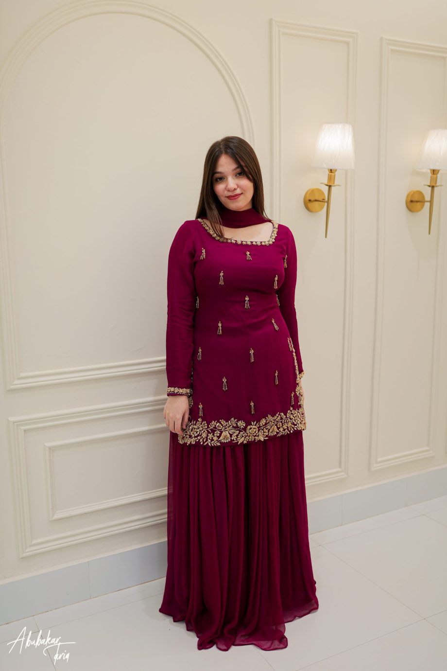 Maroon Embroidered Chiffon Maxi
