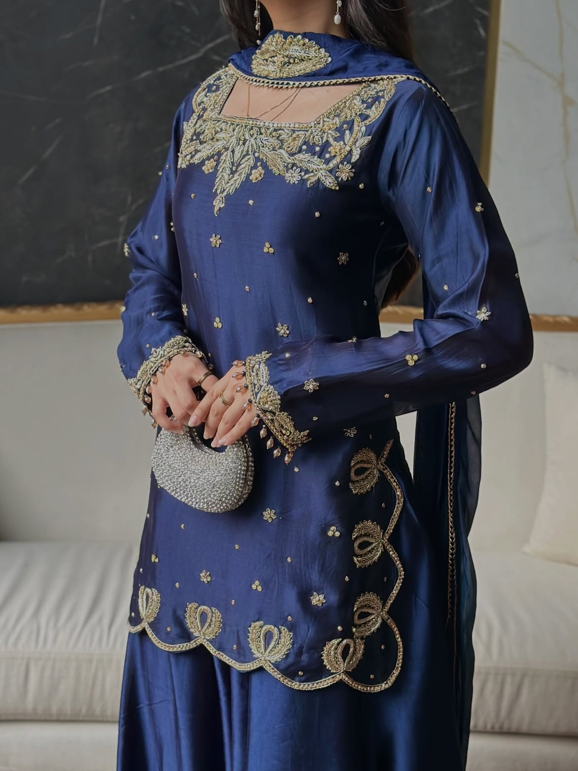 Midnight Blue Embroidered Luxury Maxi Dress with Chiffon Dupatta