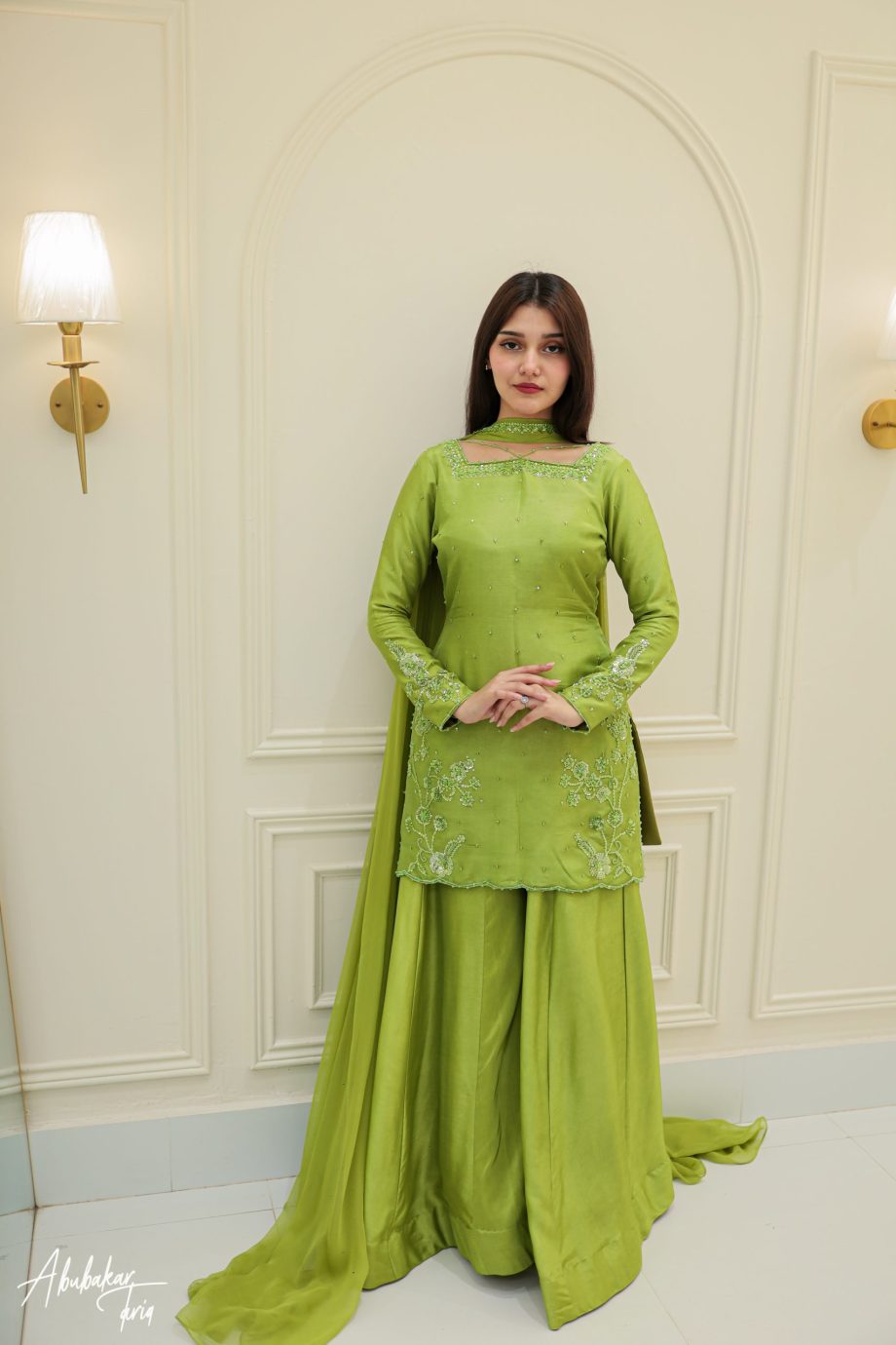 Lime Green Embroidered Pishwas