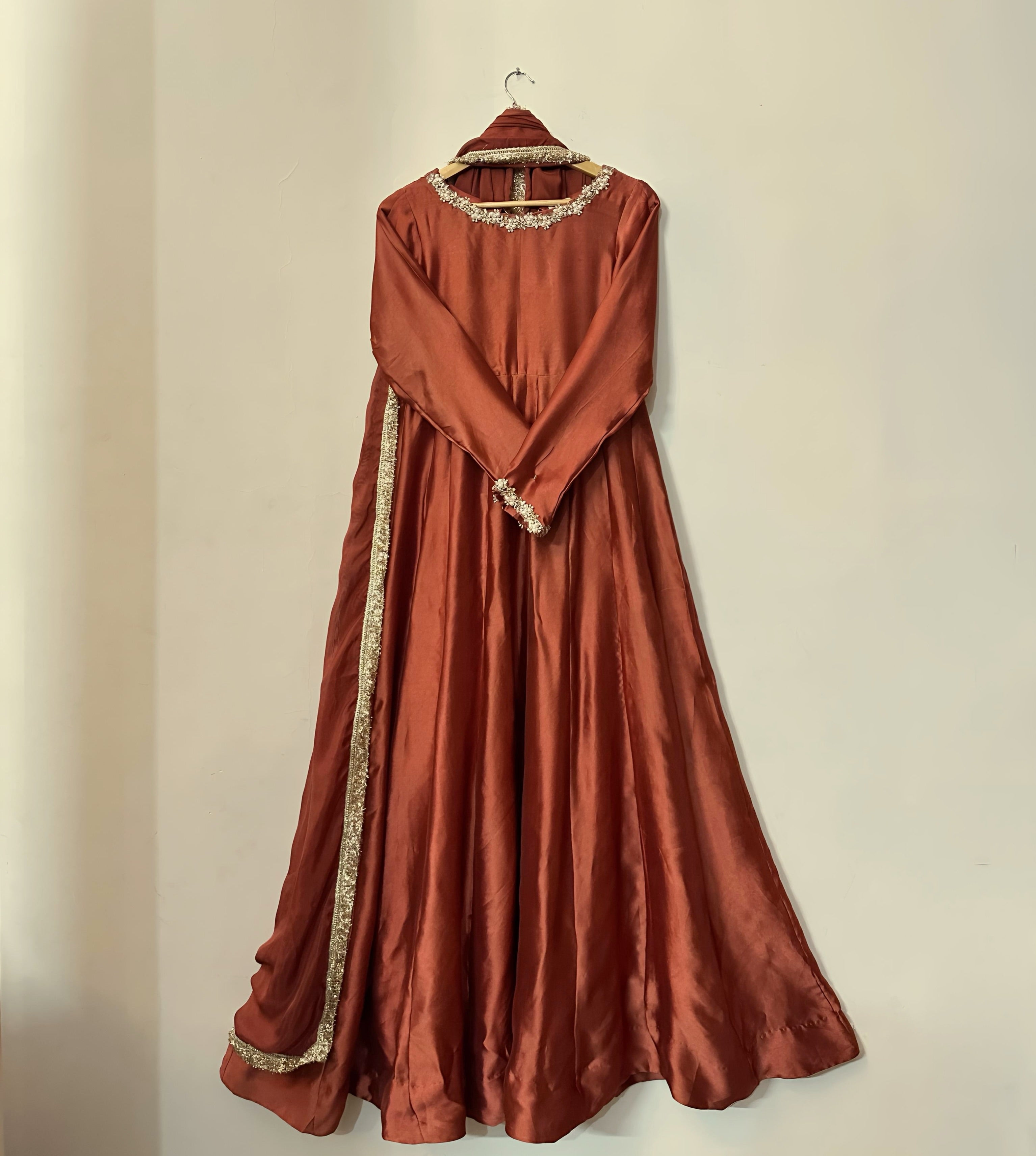 Rust Elegance Embellished Maxi Dress with Matching Dupatta