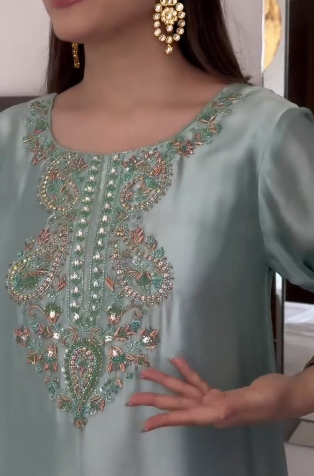 Elegant Mint Green Embroidered Maxi Dress