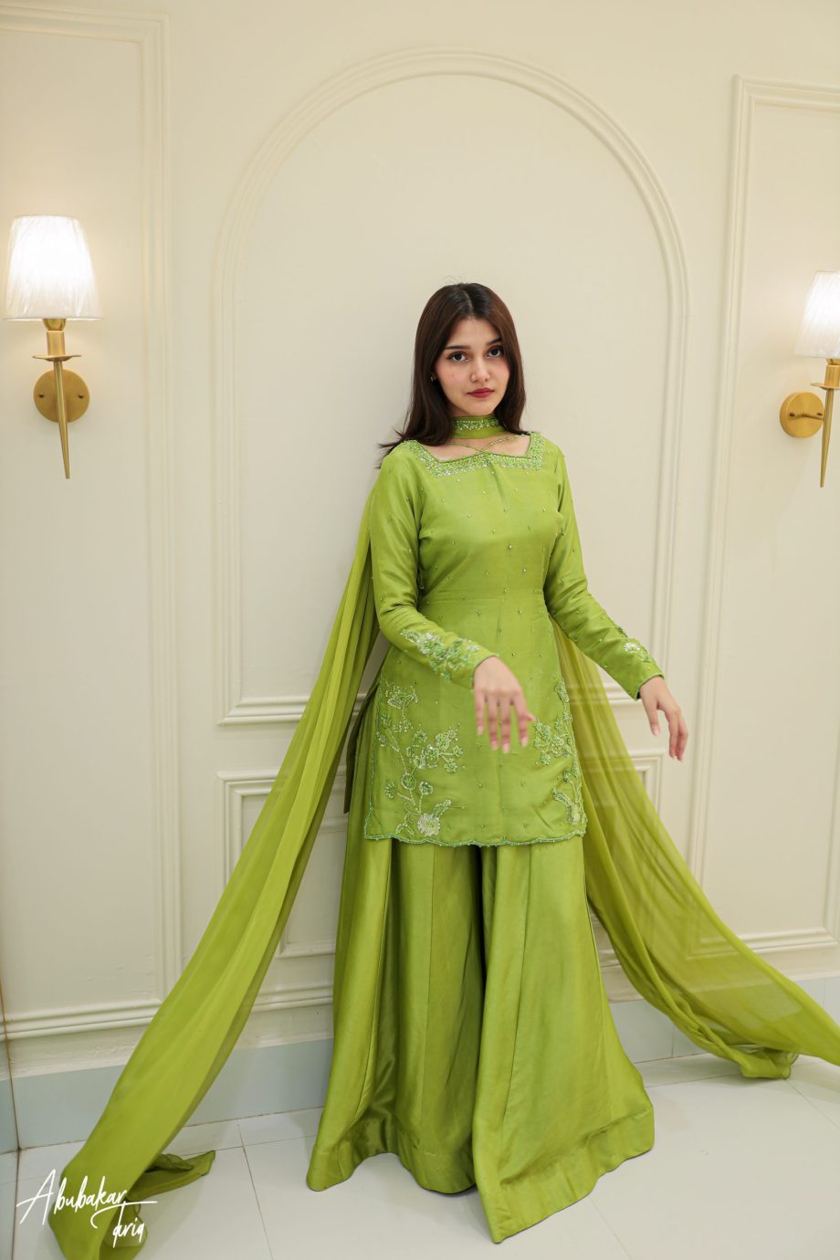 Lime Green Embroidered Pishwas