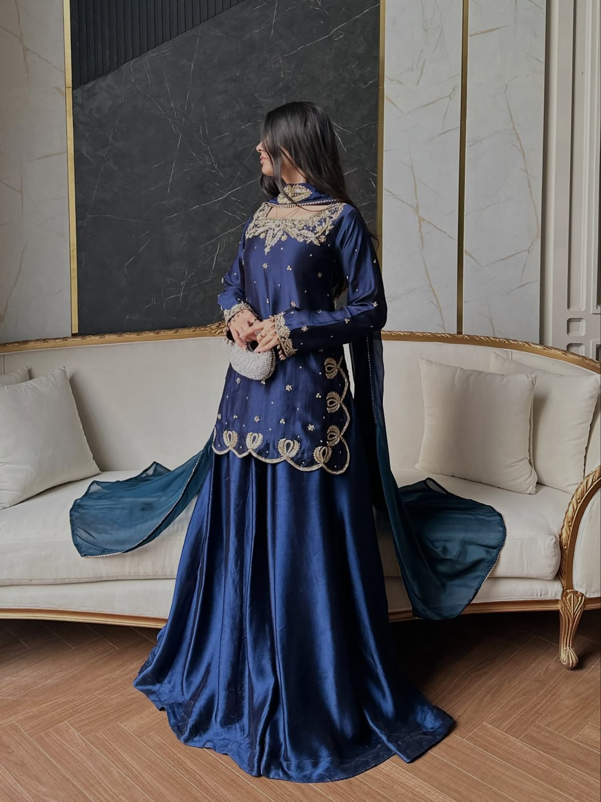 Midnight Blue Embroidered Luxury Maxi Dress with Chiffon Dupatta